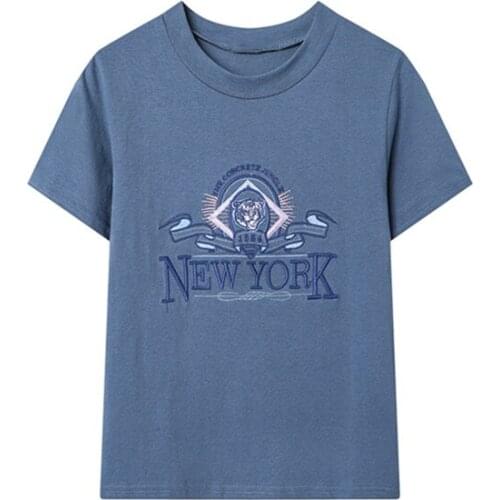 Sweet Girls Soft Cotton Vintage O Neck T-shirt 2021 Fashion Ladies Office Women New York Letter Embroidered Washed Blue Top