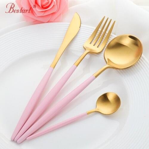 4 Pcs /Set Pink Gold Cutlery Set Food Stainless Steel Table Knife and Fork Spoon Tablespoon Dinnerware Sets Kitchen Tool