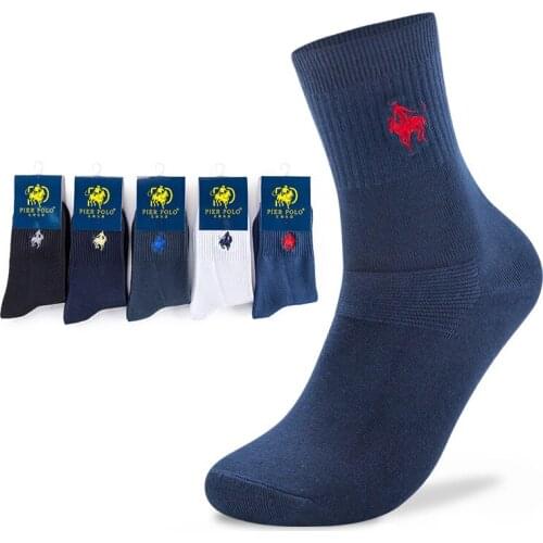 PIER polo socks 5 Pairs Men Pantufa Calcetines male solid color 100% Cotton Harajuku Happy Mens Socks Business Embroidery Meias