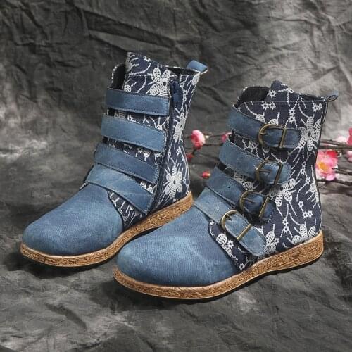 2021 New Boots Female Shoes Ankle Martin Boots Autumn Winter PU Patchwork Plus Size Boots Zipper Buckle Printed Breathable Boots