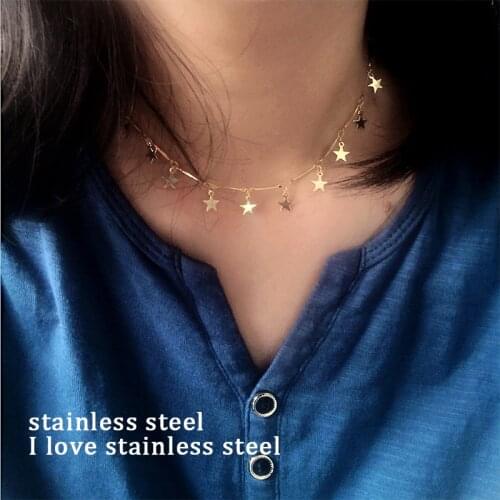 SUQI New Non-Fading Women Stainless Steel Stick Chain Star Gold Tassel Choker Necklaces Pendants Femme Jewelry Kpop Collare Gift