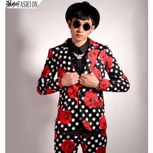 New style Mens fashion Polka dot flower Slim suit Korean version male singer stage costume blazers
