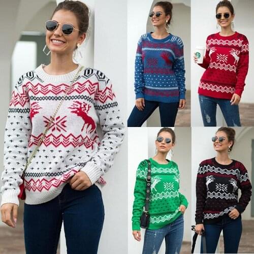 Autumn Winter S-XL Ladies Christmas Snowflake Deer Jacquard Long-sleeved Pullover Womens Sweater Fashion Street All-match Tops