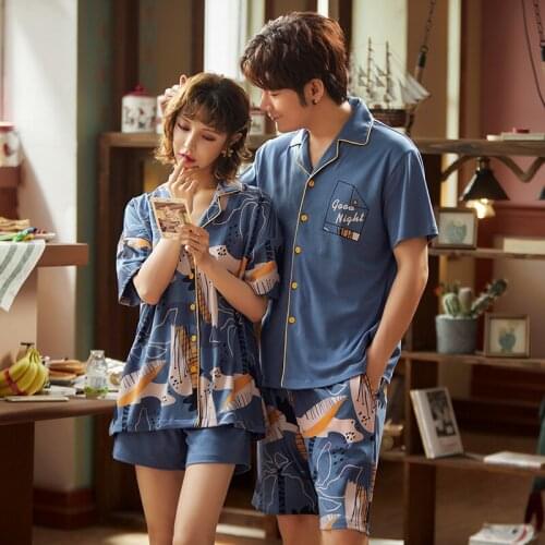 Lovers Pajamas Womens Summer Cotton Blue Colour Short Sleeve Fall Autumn Mens Homewear Set