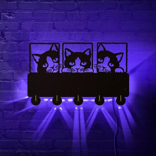 Peeping Cat Wall Hooks Meow LED Back Lighted Wall Hanger Kitty Coat Rack Hook Kitten Key Holder Lighting Hooks Cat Lover Gift