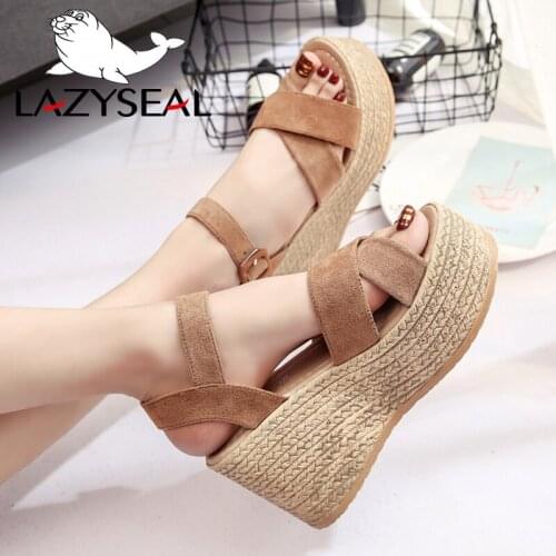 LazySeal 9cm Heel Platform Summer Buckle Womens Sandals Velvet Flock Fish Mouth Open Toes Women Sandals Shoes Drop Shipping