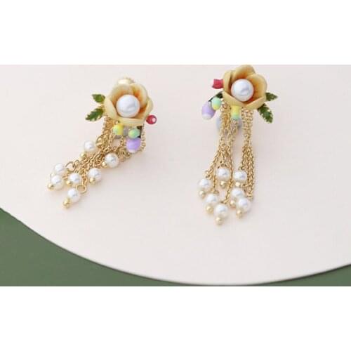 Romantic Sweet Flower Tassel Clip Earring For Women Simple Cute Enamel Glaze Pearl Plant Ear Jewelry Accessories
