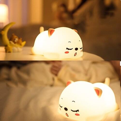 Cat LED Night Light Touch Sensor Colorful Cartoon Silicone USB Rechargeable Bedroom Bedside Cute Lamp Children Kids Baby Gift