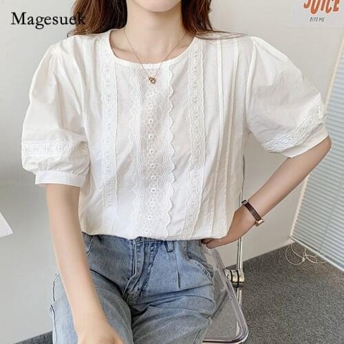 French Sweet Summer Lace Shirt 2021 Vintage Embroidery Round Collar Womens Blouse Casual Loose Cotton Tops White Clothes 14602