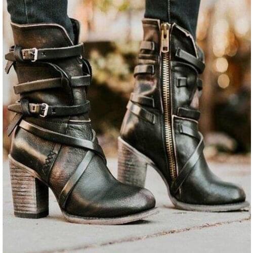 Fashion Punk Gothic Style Buckle Strap Round Toe Boots Women Shoes Zipper Boots Street haulage motor mujer zapatos fg45