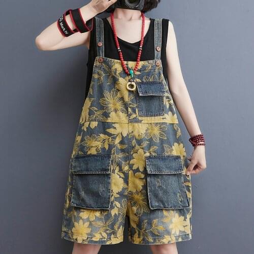 Johnature Women Strap Jeans Cotton Casual Print Floral Denim Braces Short 2021 Summer New Pocket Button Comfortable Trousers