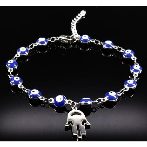 2021 Silver Color Stainless Steel Chain Bracelet Women Blue Hamsa Hand Evil Eye Bracelet Jewelry Gift pulseiras femininas B17914