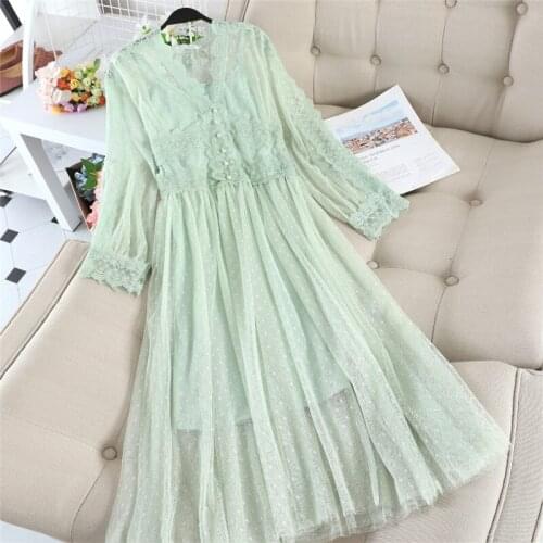 Two-pieces Set 2020 Summer Autumn Women Long Dess Sweet Mesh Dress + Tank Dress Sets Female Dot Lace Dress Suits Vestidos AB1877