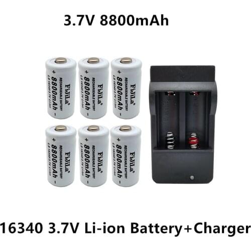 100% New original 16340 Battery CR123A 16340 Battery 8800mAh 3.7V Li-ion Rechargeable Battery+16340Charger