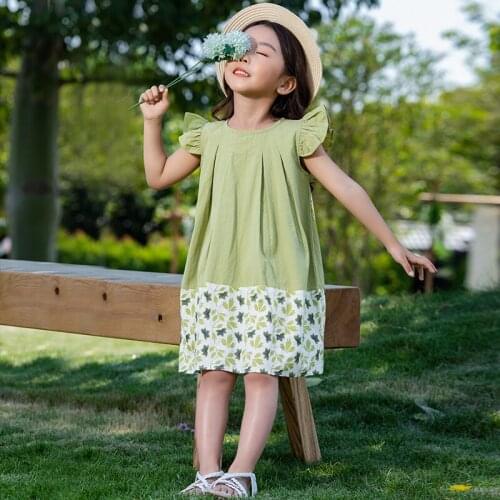 New Arrival 2020 Summer 100% Cotton Fashion Big Girls Dresses Flare Sleeve Holiday Patchwork Casual Kids Dress For Girl Green
