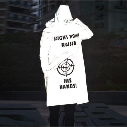 ABOORUN 2021 Mens 3M Reflective Jackets Hip Hop Printed Hooded Windbreaker Coat for Male