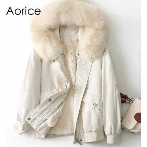Aorice Women Real Fox Fur Collar Coat Jacket Female Rex Rabbit Liner Long Parka Trench A41622