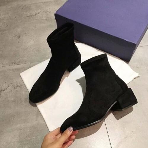 Winter Brand Designer Beige Suede Botines Mujer 2020 Thick Heels Ankle Boots For Women Slip On Stretch Short Boots Woman shoes