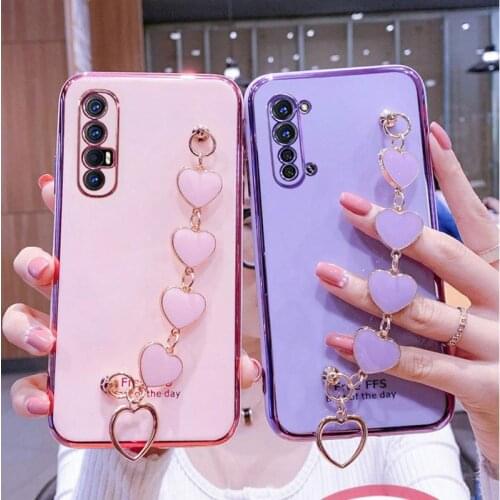 Wrist Bracelet Phone Case For Oppo Find X2 Neo Case Luxury Love Heart Chain Plating Cover Capa oppo Find X2 Lite Pro Soft