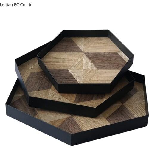 European-style Hexagonal Wooden Tray Teacup Food Jewelry Wrought Iron Tray Photography Props Household Fruit Dessert Jewelry Set