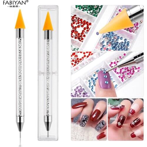 2 Way Nail Art Rhinestone Self-Adhesive Wax Picking Up Acrylic Dotting Pen Brush Gem Crystal 3D Tips Polish Gel UV Manicure Tool