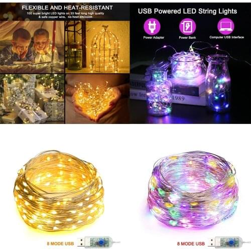 10m 5m USB Fairy Lights Copper Wire LED String Lights Christmas Garland Festoon for Outdoor Home Window Wedding Decorative