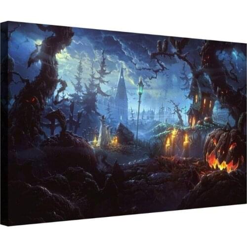 Halloween Wall Art Painting Wind Pumpkin Lantern in Dark Creepy Forest with Dark Clouds Haunted House Painting Drop shipping