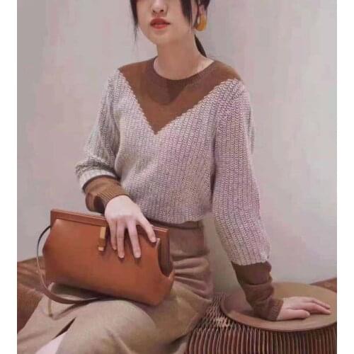 IC Xiaohe 2020 winter new cashmere wool round neck contrast knitted sweater slim fitting Pullover female