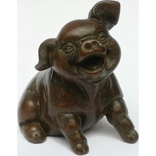YIZHU CULTUER ART Signature Collection Old China Bronze Carving Lovely pig Statue Paperweight Family Decoration Gift