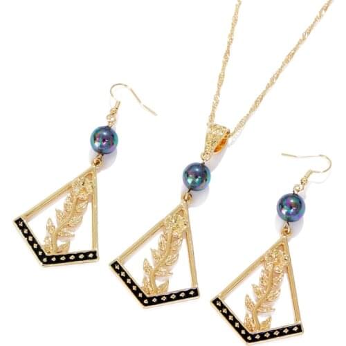 KOMi Polynesian Hawaiian Samoa Marshall Style Grey Pearl Charm Leaf Black Enameled Necklace Pendant Dangle Earrings Set