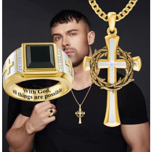 Megin D 18k Yellow Gold Plated Cross Bramble Pendant Collar Chains Necklace Balck Square Stone God Ring Jewelry Set for Men Gift