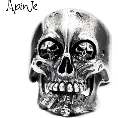 Apinje Handcrafted Thai Silver Domineering 925 Sterling Silver Skull Ring Men Skeleton King Gothic Man Rings