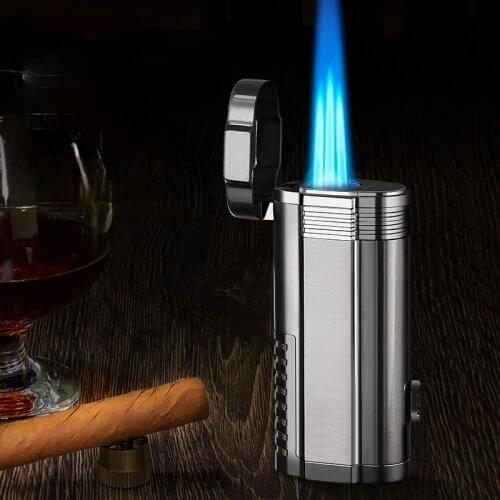 Inflatable Lighter, Three Straight Cigar Moxa Stick Three Fire Cluster Nozzle with Cigar Cutter Micro Welding Torch Lighter