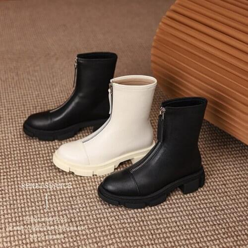 2021 New Winter Women Boots Brock Retro Genuine Leather Round Toe Platform Heel White Ankle Boots Chelsea zapatos de mujer