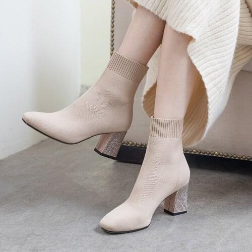 2020 spring and autumn new rhinestone thick heel short boots female fashion wild elastic knit boots thin and thin boots X163