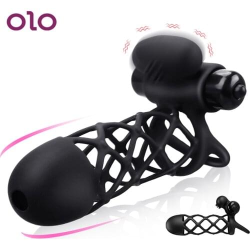 OLO Vibrator Penis Sleeve Dick Enlargement Extender Ejaculation Delay 10 Speeds Flexible Men Cock Cage Penis Ring Sex Toys