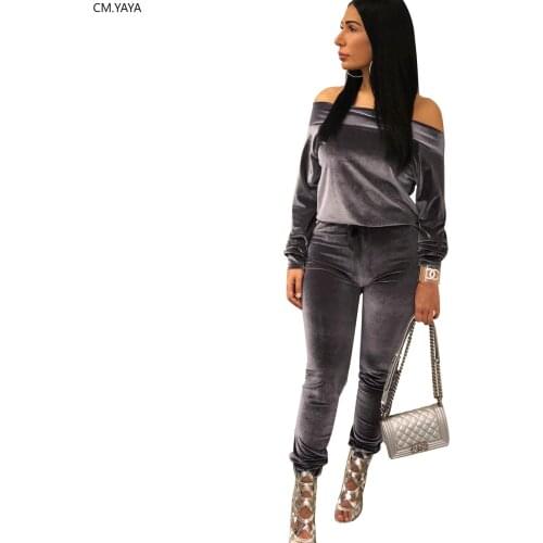 Autumn Winter Womens Set Solid Full Sleeve Tracksuits Slash Neck Top Pants Velvet Two Piece Set Casual Outfits Night Club 5133