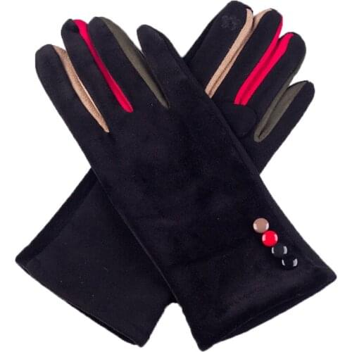 Autumn Winter Women Embroidery Touch Screen Mitten Female Button Suede Leather Velvet Cashmere Full Finger Warm Bow Glove F9