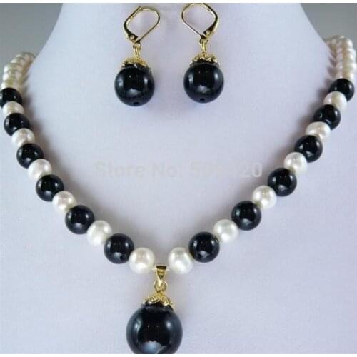 Free Shipping 7-8MM White Pearl &Black jade stone Necklace Earring Set 18"