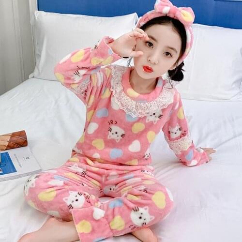 Baby Girl Clothes Pajamas Set Flannel Fleece Toddler Child Warm Catoon Print Sleepwear Kids Home Suit Winter Fall Send Hair Band