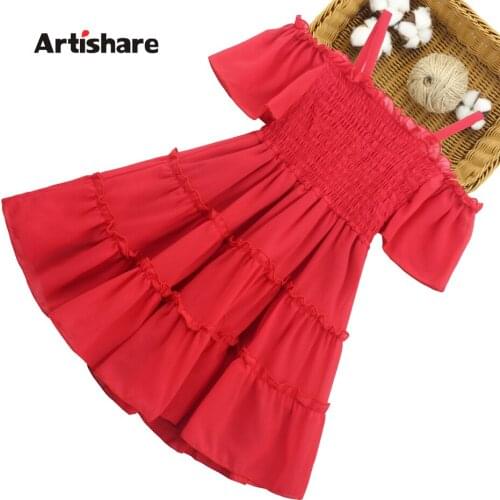 Children Summer Dress Solid Dress For Girls Off Shoulder Casual Style Dress Kids Teenage Children Girl Clothes