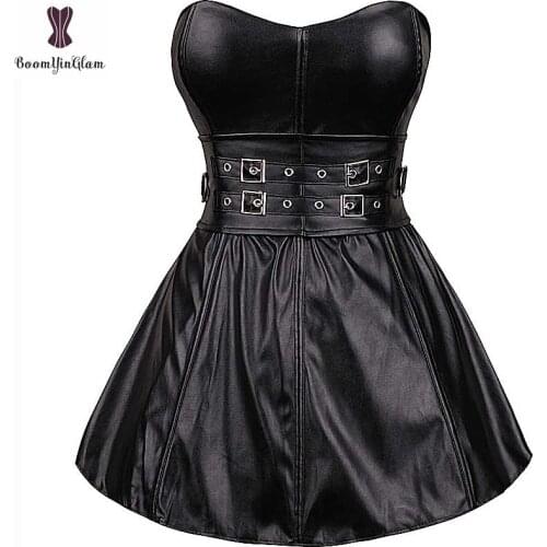 Corset Dress Faux Leather Strapless Black Clubwear Sexy Bustier Dress Outwear Buckled Body Shaper Pole Dancing Party Mini Skirt