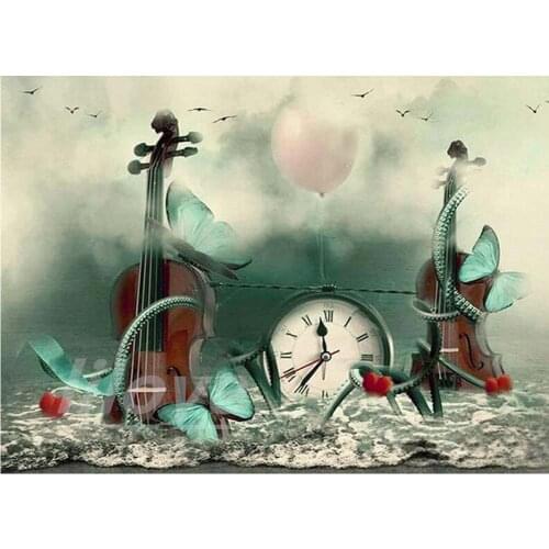Full Square/Round 5D DIY Diamond Painting Violin Clock Pattern 3D Embroidery Mosaic Rhinestones Art Stickers Room Decor DF460