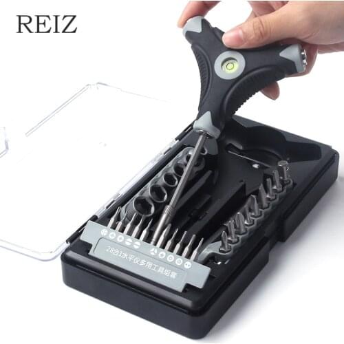 REIZ 28 In 1 Screwdriver Set Precision Magnetic Screw Bits Slotted Phillips Hex Sockets Triangle Level Gauge Handle Repair Tool