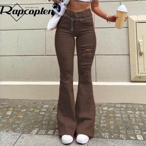 Rapcopter Ripped Out Boot Cut Jeans y2k High Waisted Denim Trousers Slim Solid Casual Cargo Pants Women Fashion Hot Mom Jeans