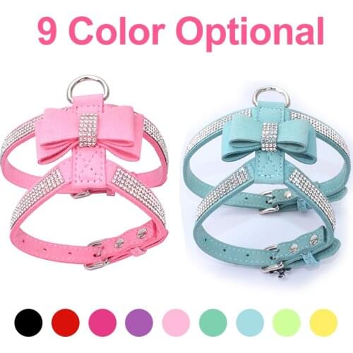 Dog Harness Leash Suit Vest Shining Diamonds Adjustable Soft Suede Fabric Bow Rhinestone Pet Collar Harnesses For Dogs Products