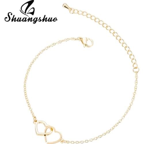 Shuangshuo Charm Bracelet Gold Double Heart Bracelets for Women Stainless Steel Chain Bangles Pulseira Feminina bracelets femme