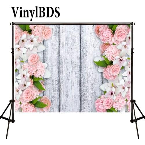 VinylBDS ValentineS Day Photography Background Wood Planks Wedding Backdrop Pink Flower and Green Leaves Backdrop for Photocall