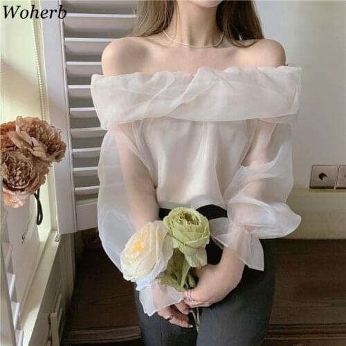 Woherb Romance Sweet Tops Blouses Sexy Off Shoulder Mesh Shirt Slim Femme Puff Sleeves 2021 Korean Chic Elegant Blusas