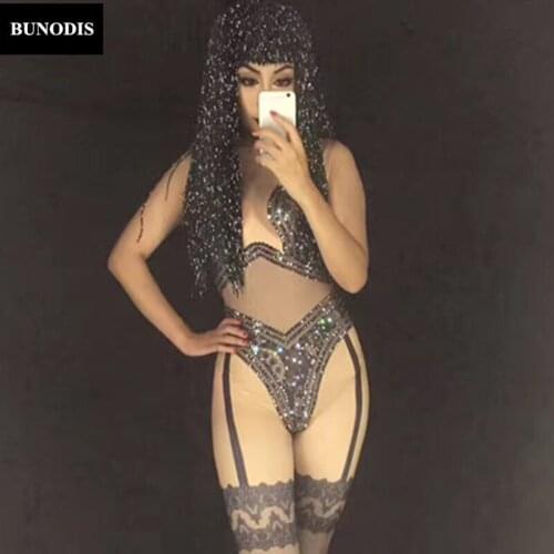 ZD023 Lace Bodysuit Nightclub Party Celebrate Stage Wear Costume DJ DS Singers Sparkling Crystals Jumpsuit Bling Women Outfit